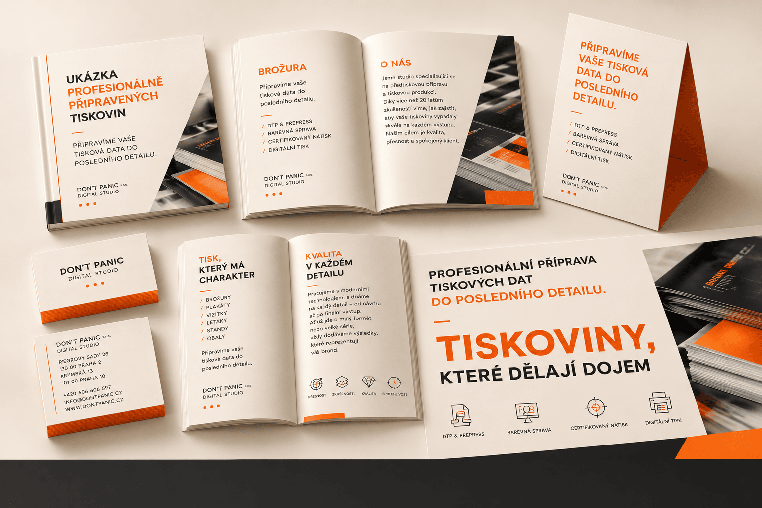 Ukázka profesionálně připravených tiskovin - brožura, plakát a vizitky